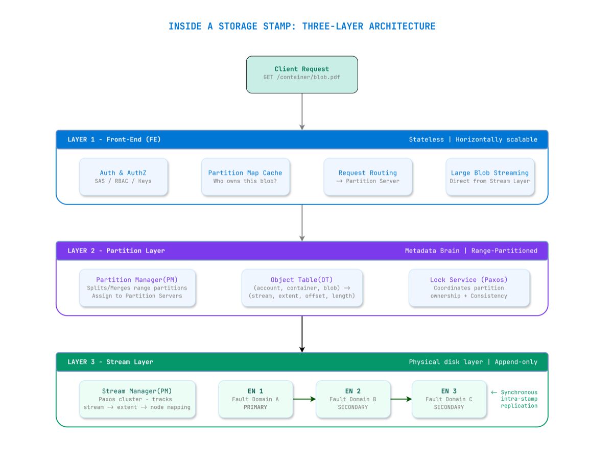 Three-layer architecture inside an Azure Storage Stamp: Front-End, Partition, and Stream layers