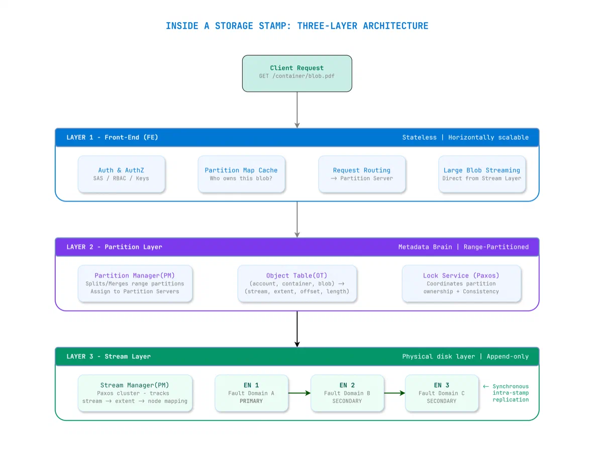 Three-layer architecture inside an Azure Storage Stamp: Front-End, Partition, and Stream layers