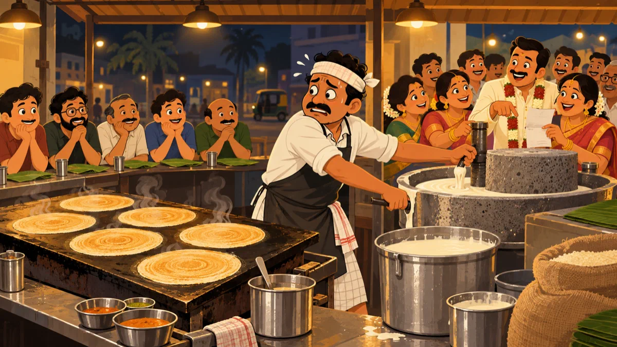A dosa stall where the chef is pulled away from the pan by a bulk order while five dosas wait